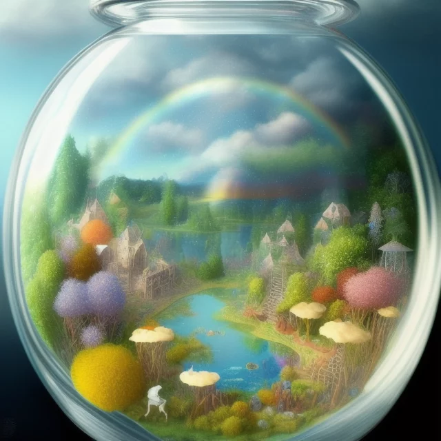 3434426009-exquisitely intricately detailed illustration, of a small world with a lake and a rainbow, inside a closed glass jar.webp